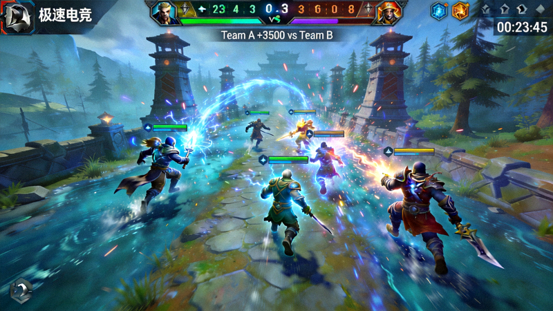 DOTA2国际邀请赛比赛画面，英雄在中路交战，上方显示极速电竞队伍经济差与时间戳数据